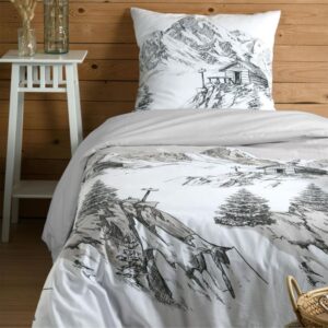 HOUSSE DE COUETTE REFUGE GRIS 140X200 + 1 TAIE DESSIN CHALET MONTAGNES SAPINS