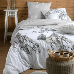 HOUSSE DE COUETTE REFUGE GRIS 240X220 + 2 TAIES DESSIN CHALET MONTAGNES SAPINS